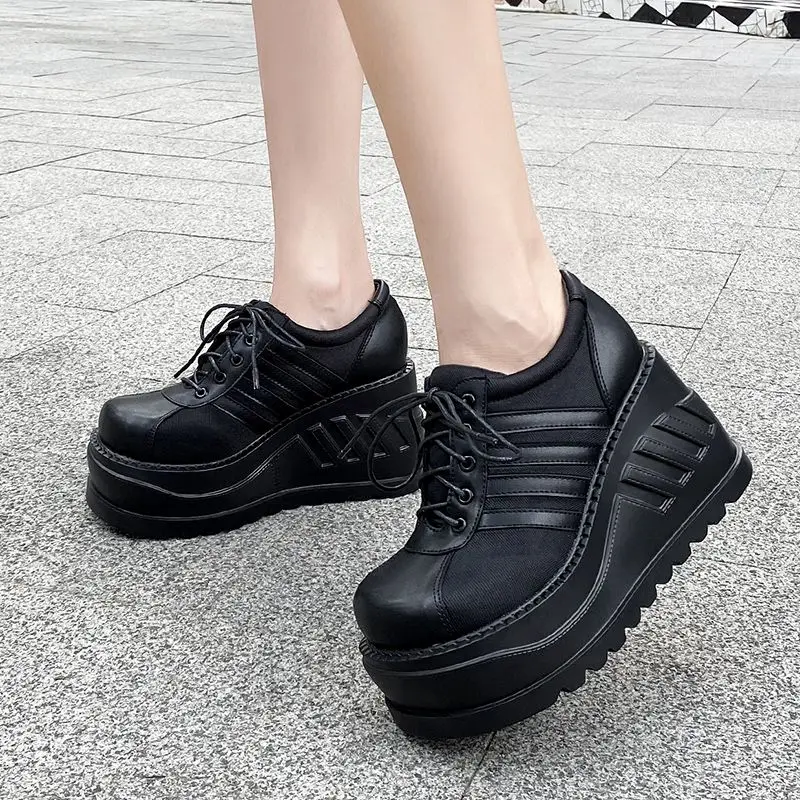 2024 Spring and Summer New Retro Big round Head Punk Platform Muffin Lace-up Female Elevator Shoes