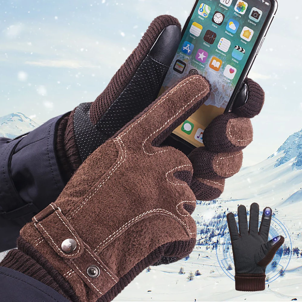 YANBIGUO Touch Screen Winter Waterproof Genuine Leather Work Gloves,Signature Men's Gloves,Thicken Matte leather Gloves