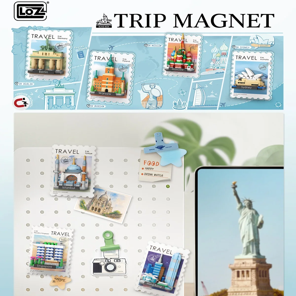 LOZ Refrigerator Magnetic Building Blocks Set Includes 12 City Postcards, Home Collectible, Perfect Gift for Travel Enthusiasts