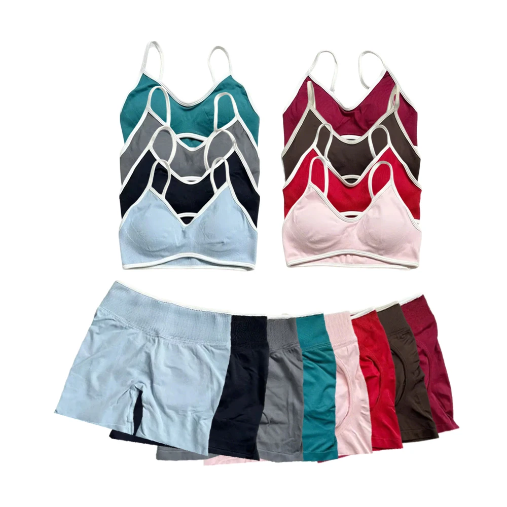

Женский высококачественный спортивный костюм из двух предметов, топ с лямкой на шее, топ для йоги, бесшовные шорты с высокой талией и царапинами, спортивный костюм для фитнеса.