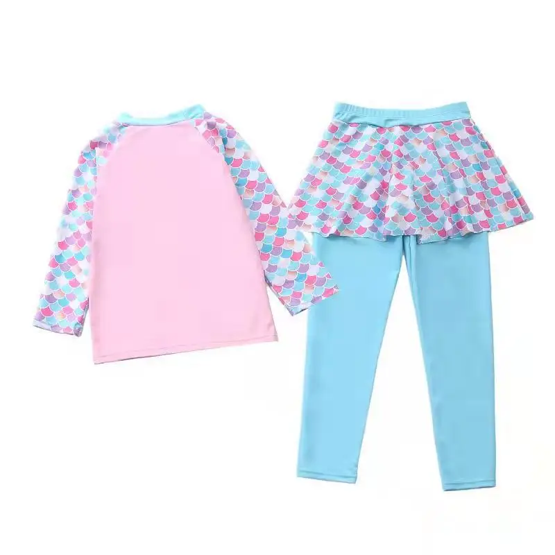 Girls Swimwear Long Sleeve Rash Guard Skirted Pants Two Pieces Set Children\'s Swimsuit for Girls Summer Beach Bathing Suit Kids