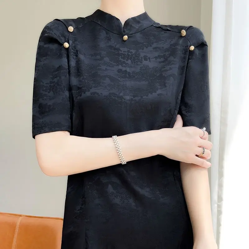 2024 new chinese style silk short sleeved dress summer temperament  mulberry silk satin jacquard cheongsam wrapped hip dress