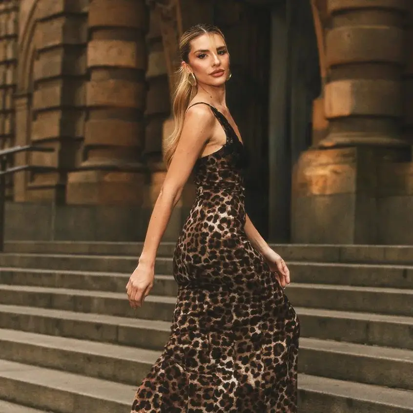 JHJN Leopard Print Around The Neck Satin lace Backless Long Skirt Women Sexy Dress Banquet Dress