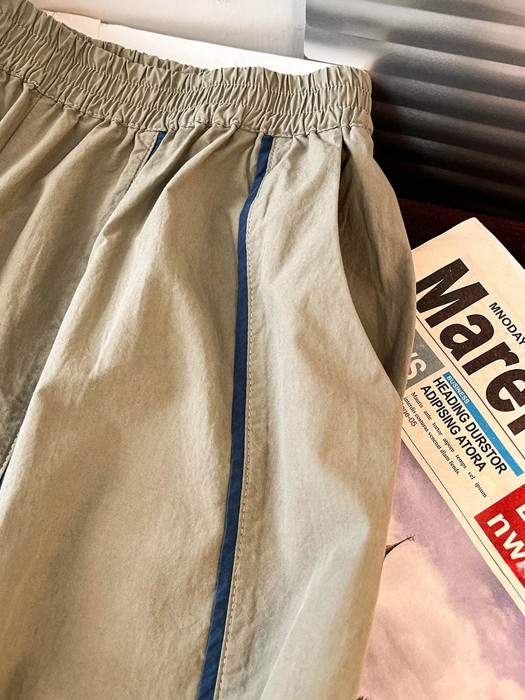 Pantalones de pierna ancha de lino y algodón con contraste retro para mujer Primavera Verano sueltos elásticos de cintura alta adelgazantes drapeados rectos nueve...