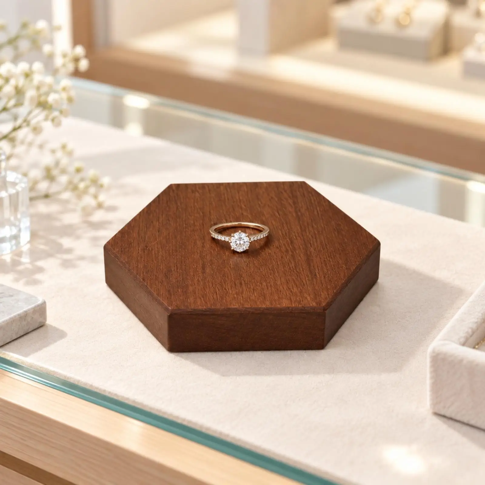 Natural Ebony Wood Hexagonal Stand for Showcasing Ornaments Stones Incense Holders Solid Display Base for Tabletop Altar Shelf