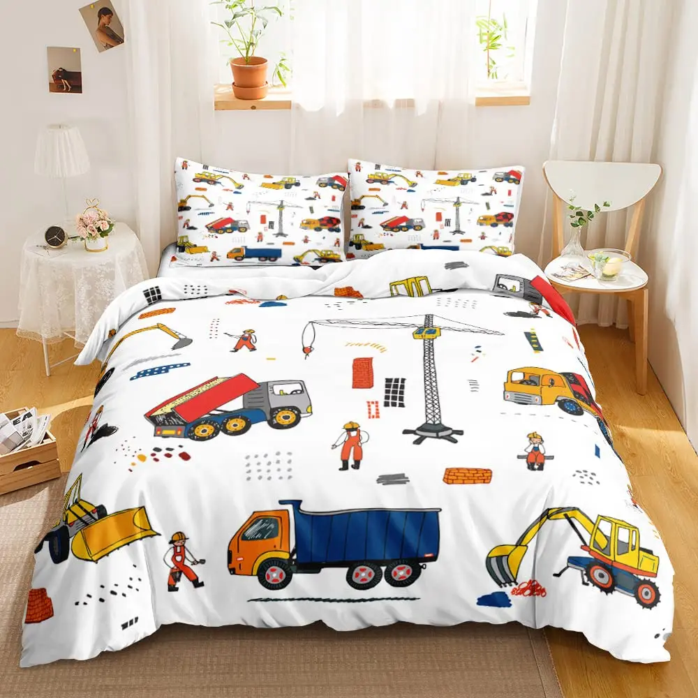 Kids Cartoon Car Bedding Set Construction Bedding Duvet Cover Set Twin Queen King Size Boys Equipment Trucks Comforter Cover Set