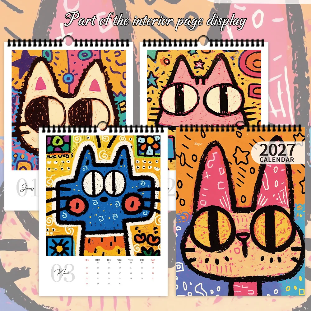 1pc 2027 Wall Calendar, Abstract Graffiti Cat Theme, 12-Month Monthly Planner, Perfect Gift for Birthdays, Christmas, New Year