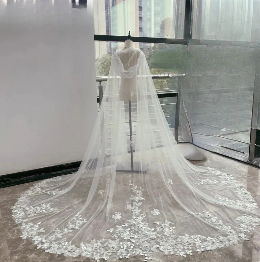 

Hooded Wedding wrap Floral Cape Veil for Bride Floral Lace Cloak Cathedral Long Bridal Veil Chapel Cape Veil custom