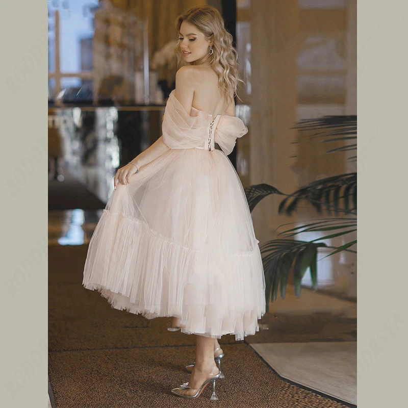 Vestido de novia de tul corto con espalda descubierta y cordones, traje de boda personalizado, color rosa