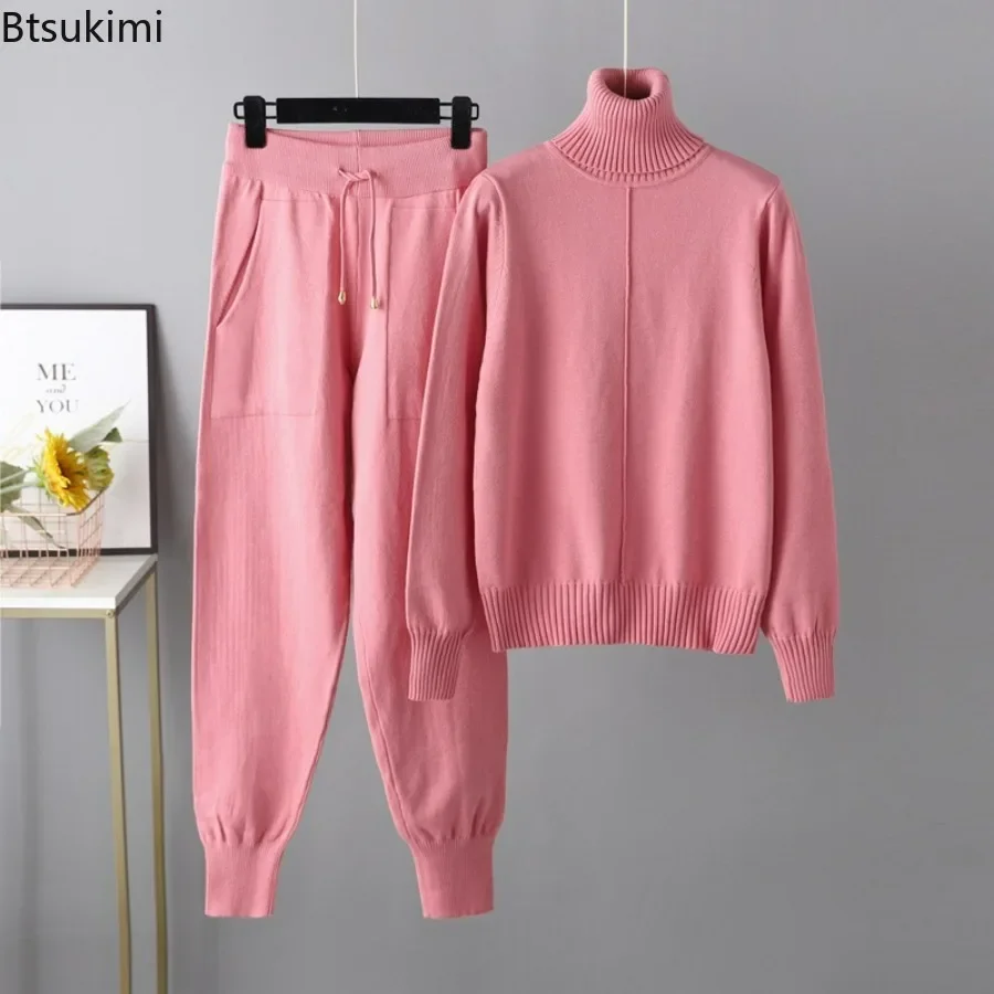 2024Women\'s Casual Warm 2PCS Knitted Tracksuit Sets Solid Autumn Winter Cashmere Turtleneck Sweater and Harem Pant Sets Outfits