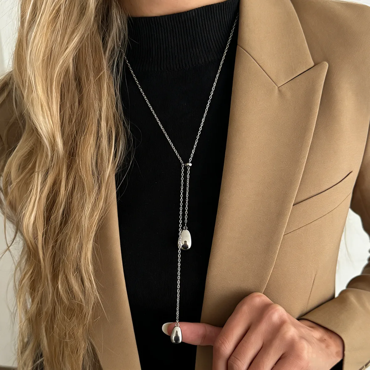 

SHIXIN Minimalist Titanium Steel Water Droplet Pendant Necklace Women Elegant Silvery Long Sweater Chain Necklace Daily Jewelry
