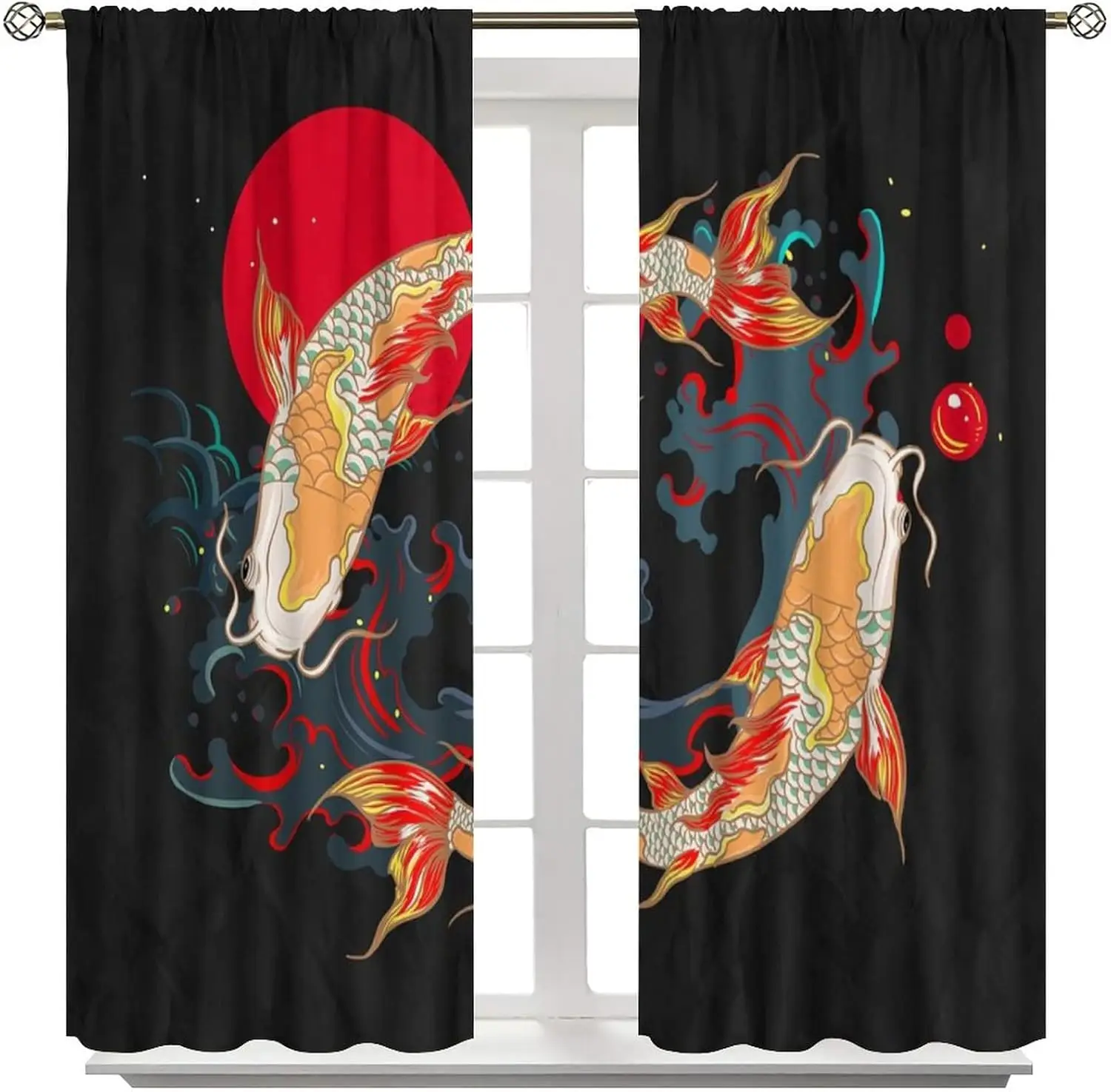 Koi Fish Curtains,Japanese Traditional Style Fantasy Yin Yang Big Wave Koi Cherry Blossom Room Window Curtains,42x45in Decor
