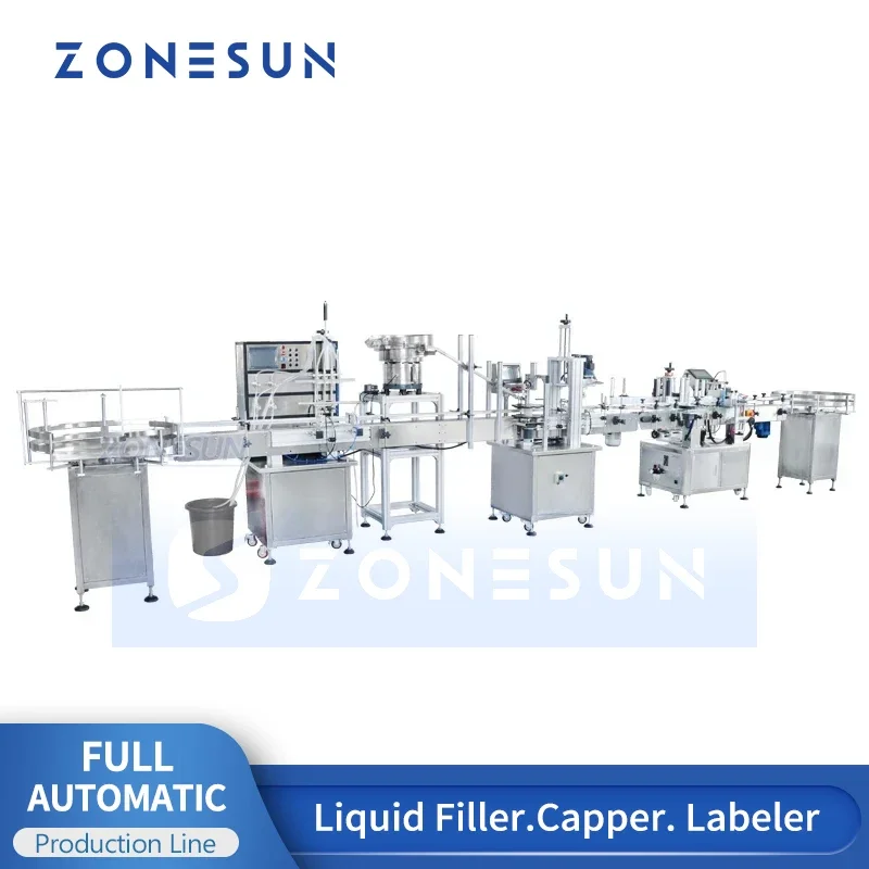 ZONESUN ZS-FAL180P3 Custom Full Automatic Production Line Liquid Oil Vial Filling Vibratory Cap Feeder Capping Labeling Machine