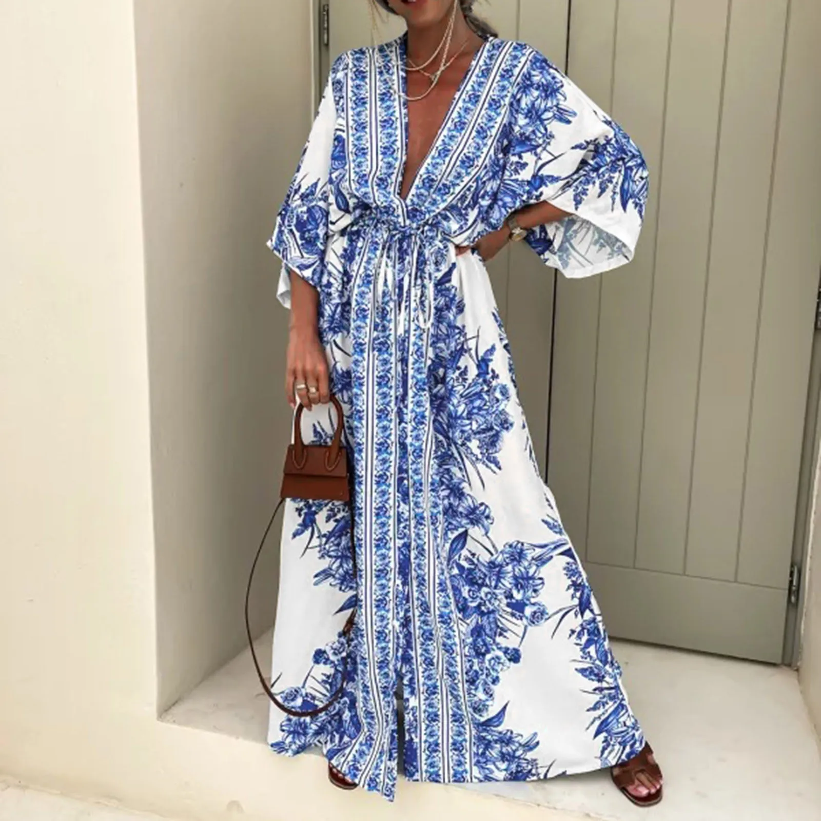 Vestido largo de media manga con estampado bohemio para mujer, Kimono japonés a la moda con cordones, vestido de verano para vacaciones y playa, 2024