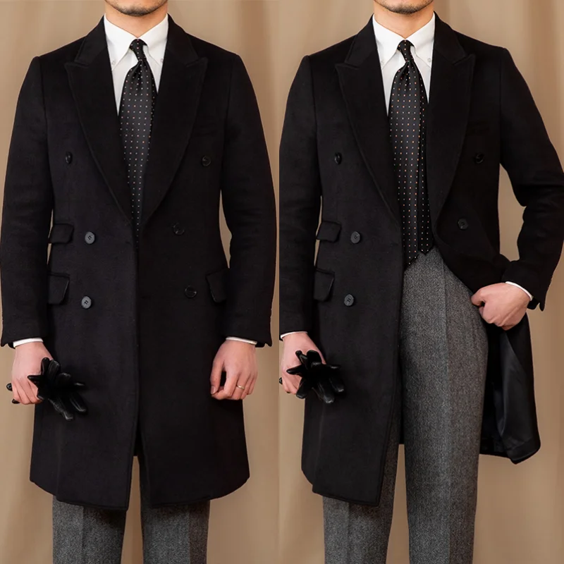 メンズ トレンド ダブルブレスト ウール混紡コート ブラック/ブラウン カスタム ミドル丈 スリムフィット 冬用 暖かい フォーマル ビジネス カジュアル オーバーコート