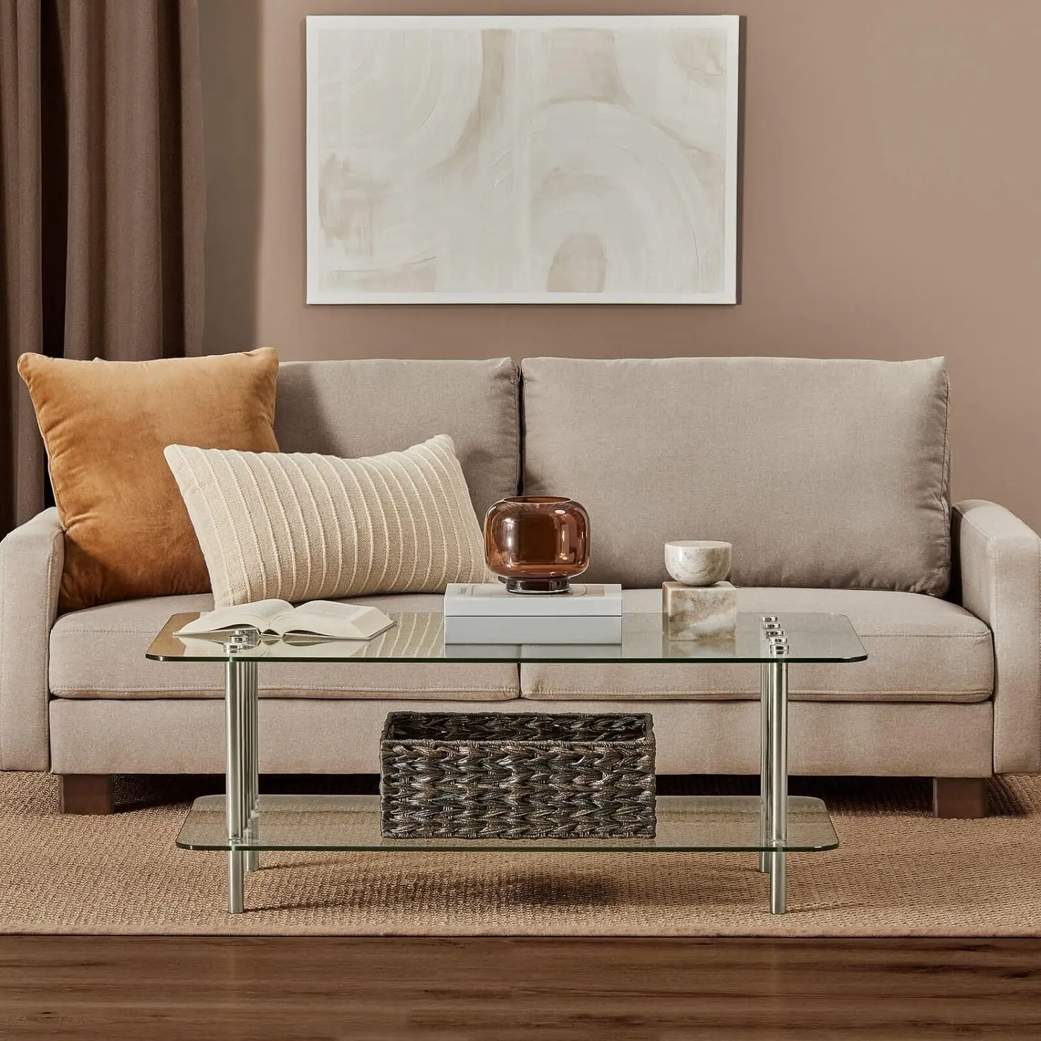 

Long Glass Top Coffee Table - Modern Decorative Accent Metal Rectangular Furniture for Bedroom, Living Room, Home Office