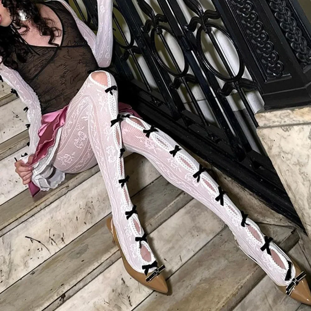 IUM Y2K Bow Hollowed Out Pantyhose Tights Lolita Sheer Mesh Women Patchwork Lace Body Stockings Partywear Gothic Sunscreen Shawl