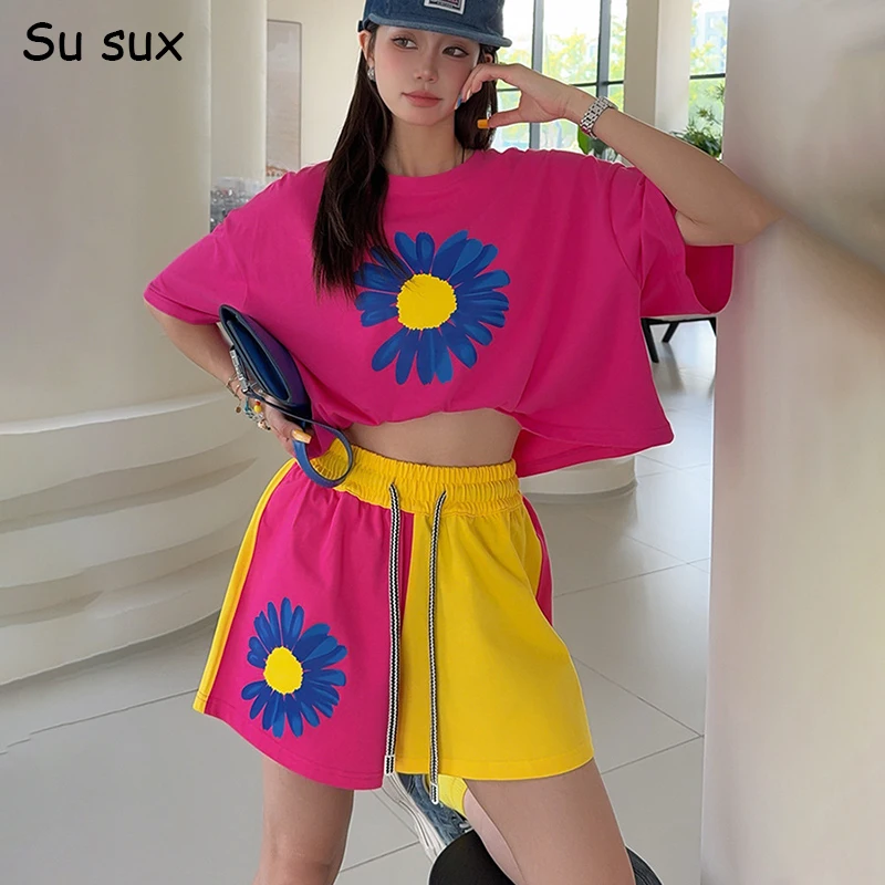 

Korean Fashion Flower Print Oversized Short 2 Piece Set Women New in Matching Sets Casual Short Sleeve T Shirt&Short Pant Sets