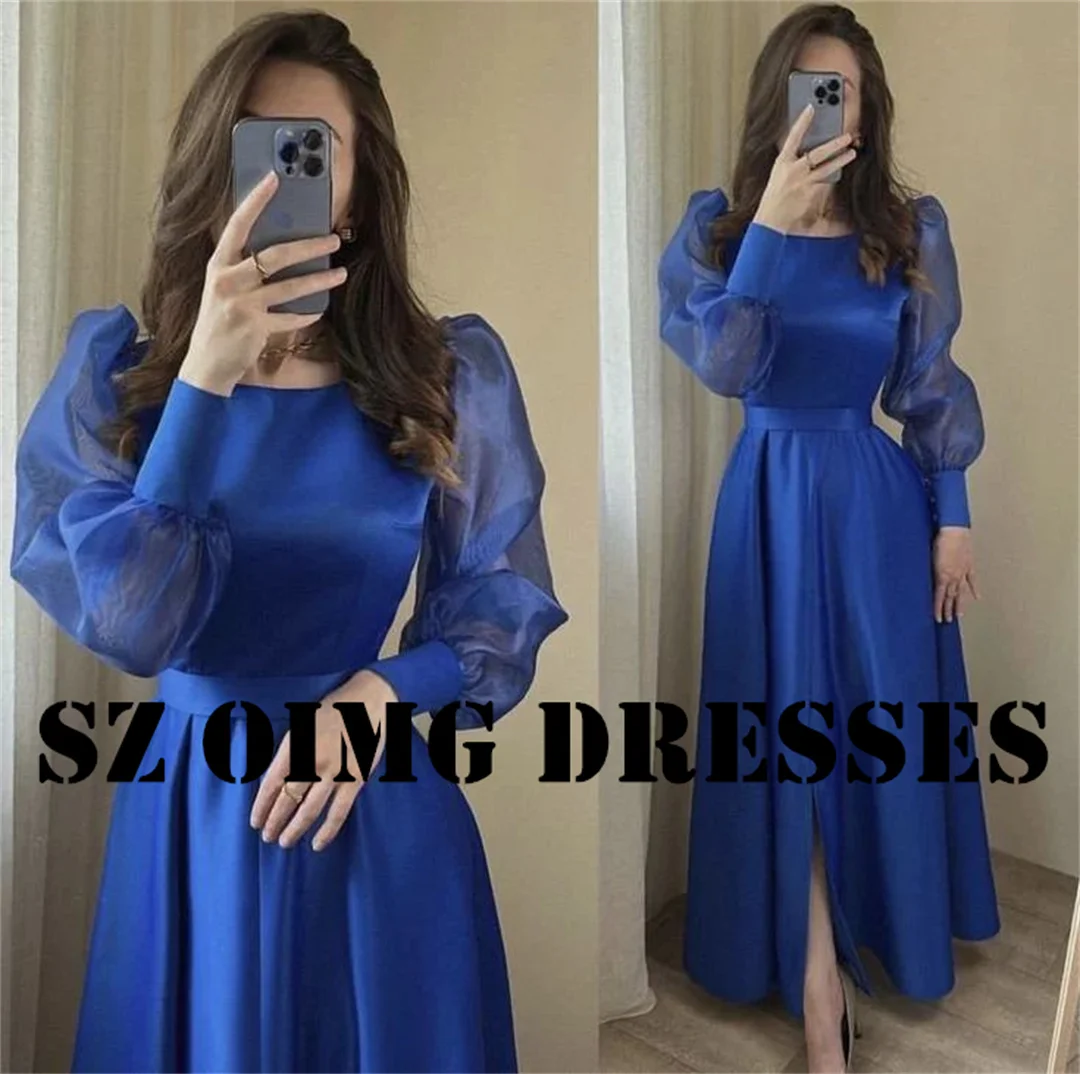 

OIMG New Design O-Neck Prom Dresses Puff Sleeves Saudi Arabic Women Blue Satin Floor Length Evening Gowns Formal Party Dress
