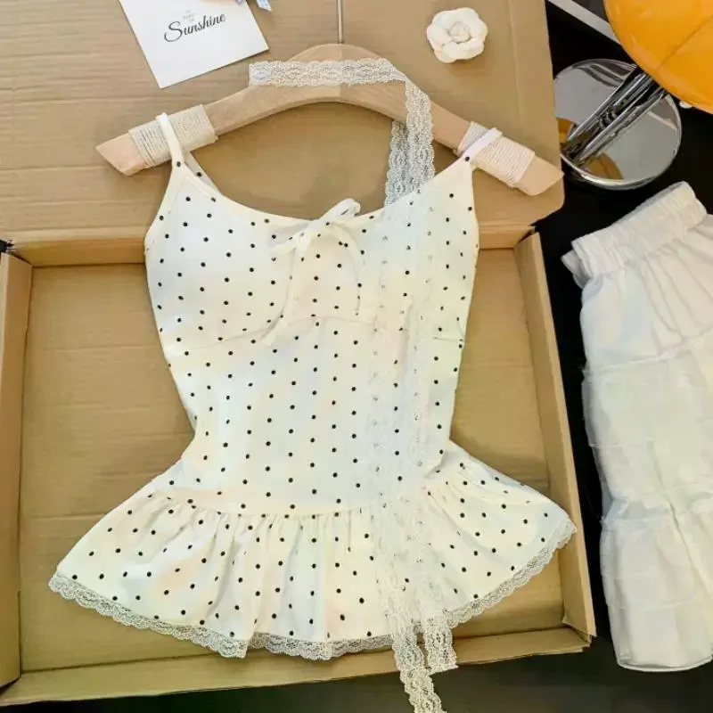 Women Clothing Summer Fashion Casual Polka Dot Solid Color Sling Ladies Fashionable Appear Thin Slim Young Style Tops