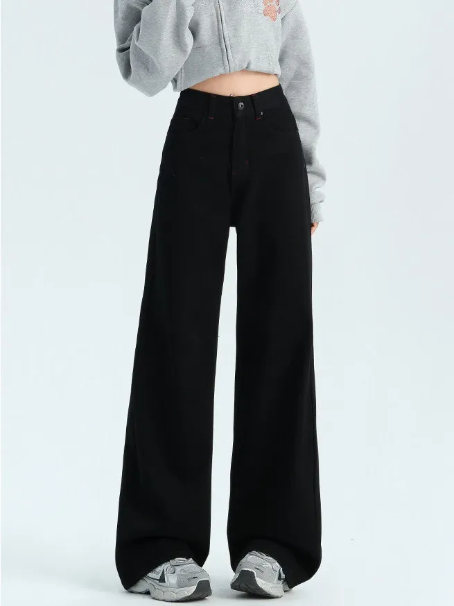 High Waist Wide Leg Straight Cut Floor Length Women's Jeans Black Loose Slimming Drapey Casual Style Four Seasons Universal