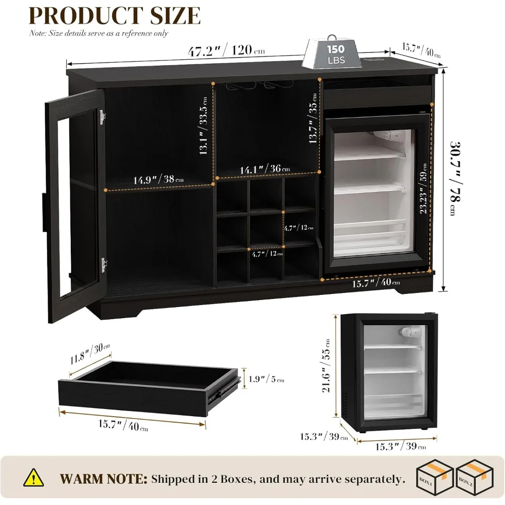 

"Wine Bar Cabinet w/ Included Fridge - LED Lit Coffee Bar w/ Rack & Storage"​
