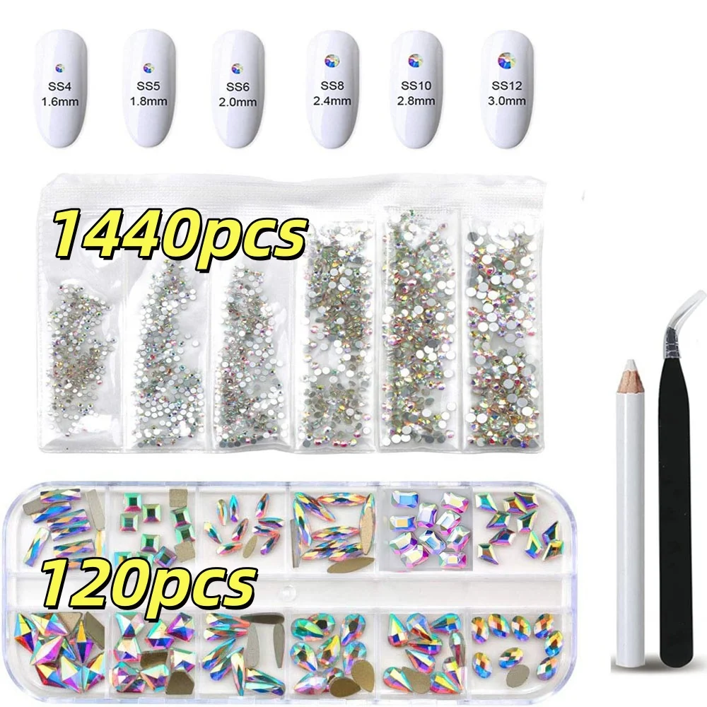 

120pcs Multi-shape Nail Gemstones + 1440pcs SS4/SS5/SS6/SS8/SS10/SS12 AB Nail Rhinestone + 1pc Picking Tweezers + 1pc Wax Pencil