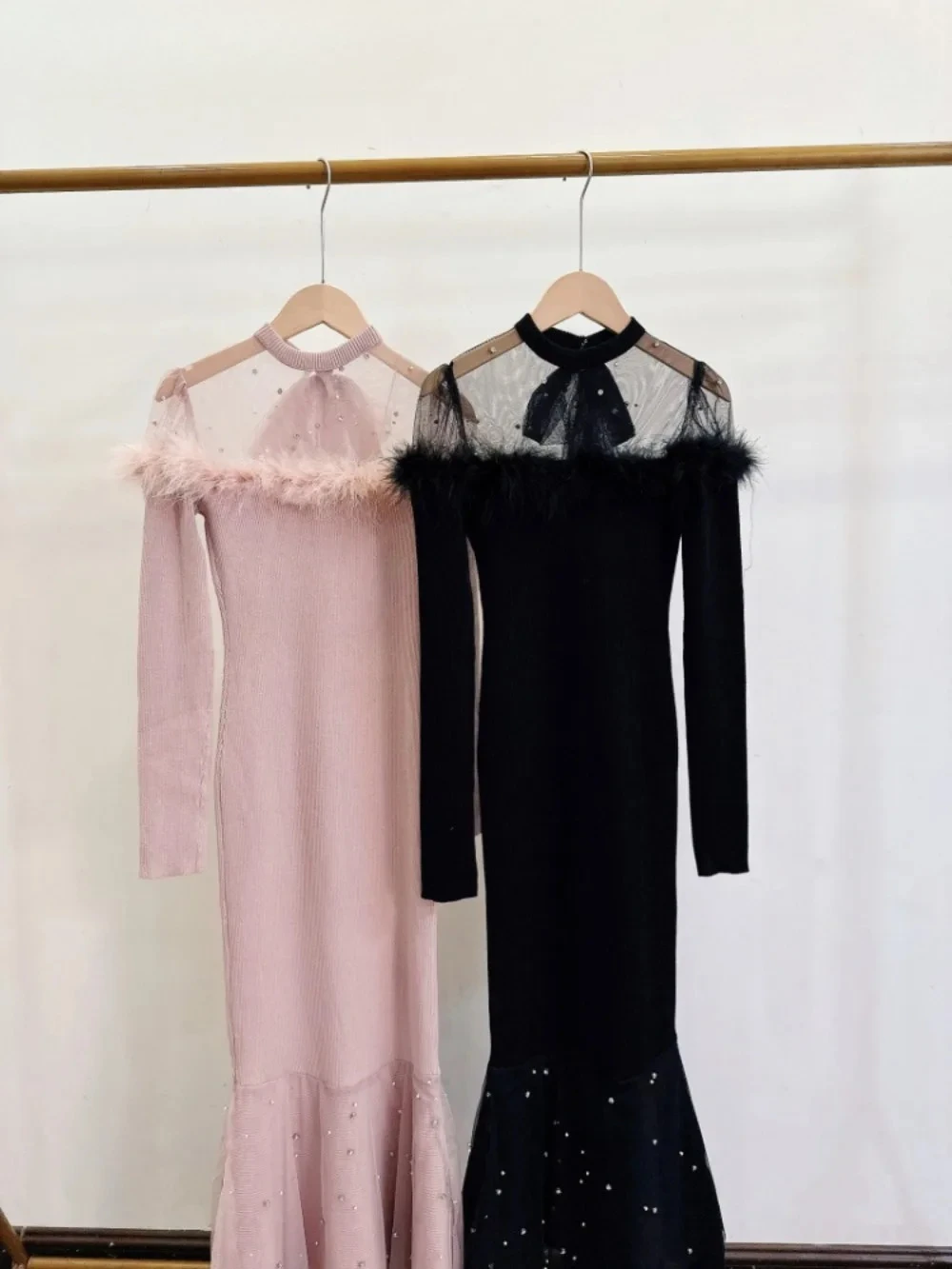 Luxury Feather New Beading Mermaid Robe Mesh Patchwork Celebrity Elegant Dress Japan Slim Bodycon Knit Fashion Vestidos