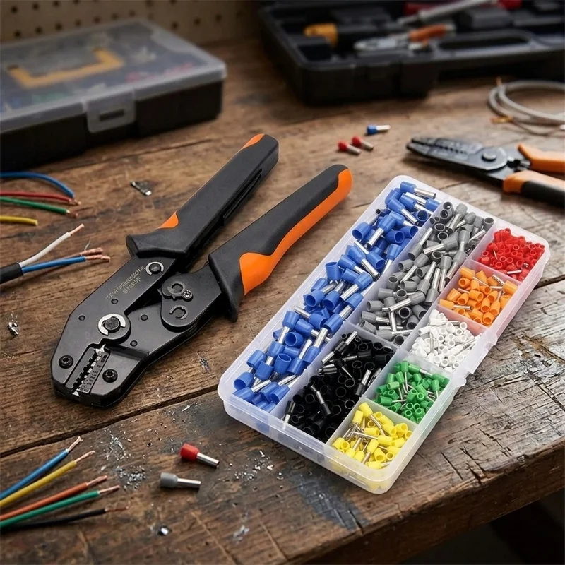 SN-06WF Wire Ferrule Crimper Set, Self-Adjusting Ratchet Crimping Pliers with 800/1640pcs Insulated Cable End Terminals