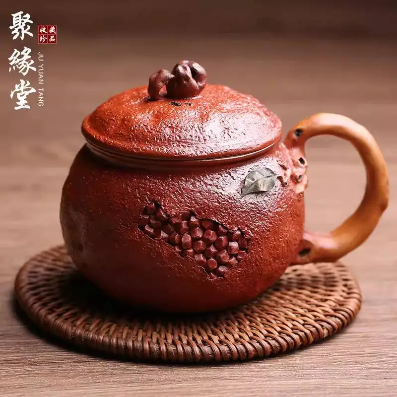 Yixing Purple Clay Pomegranate Fully Handmade By Master Artist Xu Hailong, Persimmon Cup, Cup With Lid, High-End Tea Set