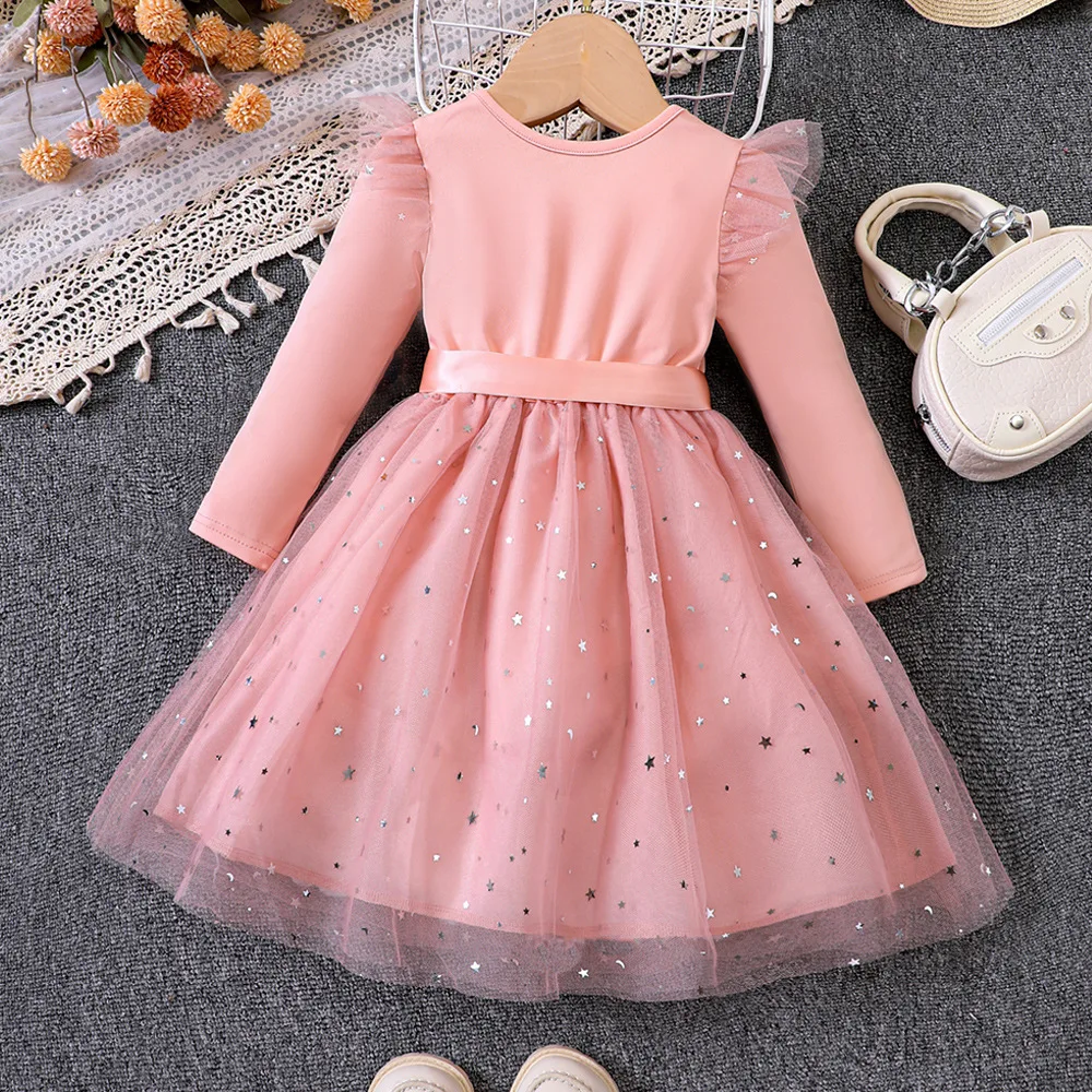 2023 Winter New Girls Dress Long Sleeve O Neck Ruffles Sparkly Sequins Pink Cute Designer Girls Princess Dress Vestido 18M-7T