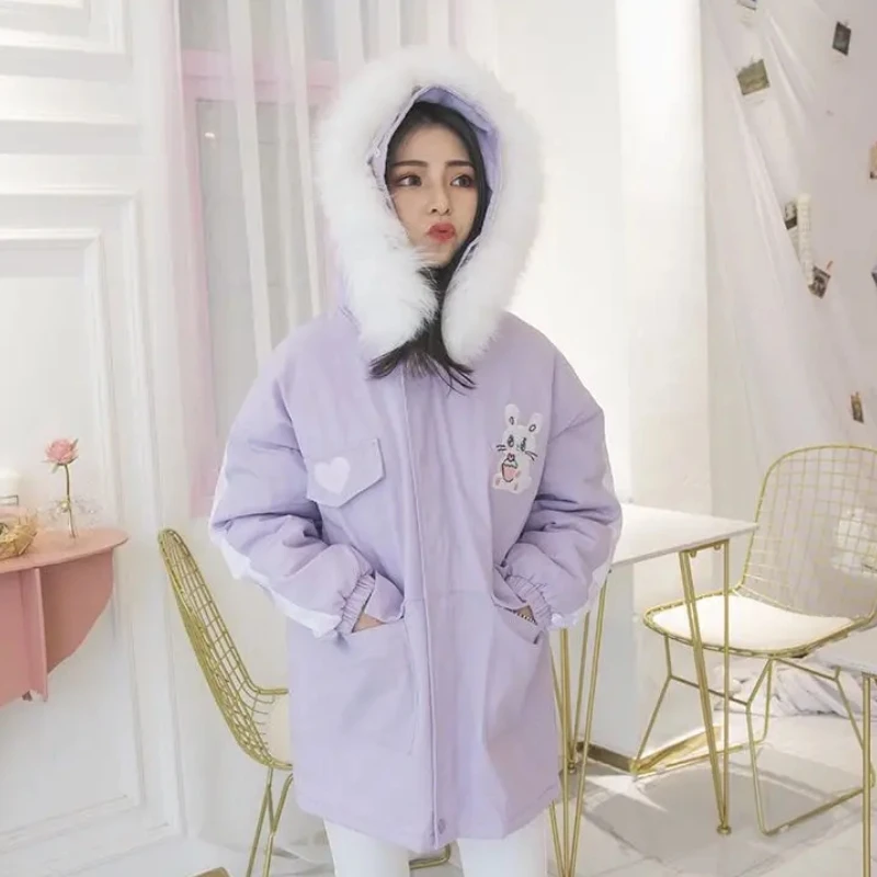 

Japanese winter sweet lolita coat plus velvet thickening fur collar embroidery rabbit victorian coat kawaii girl loli overcoat