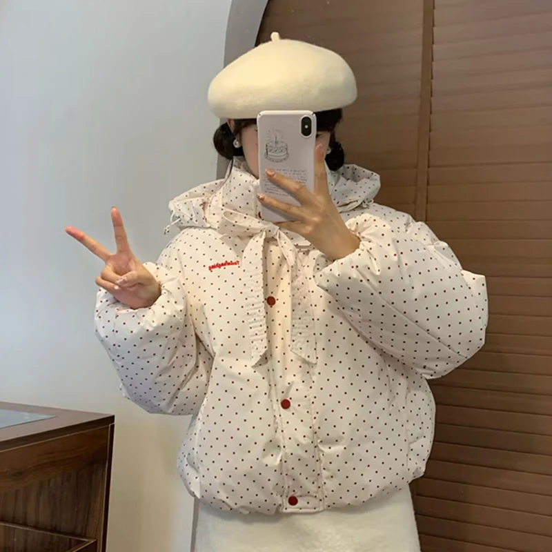 

Осень-зима парки в горошек пальто женская флисовая толстая теплая пышная куртка в консервативном стиле японская милая кавайная укороченная верхняя одежда