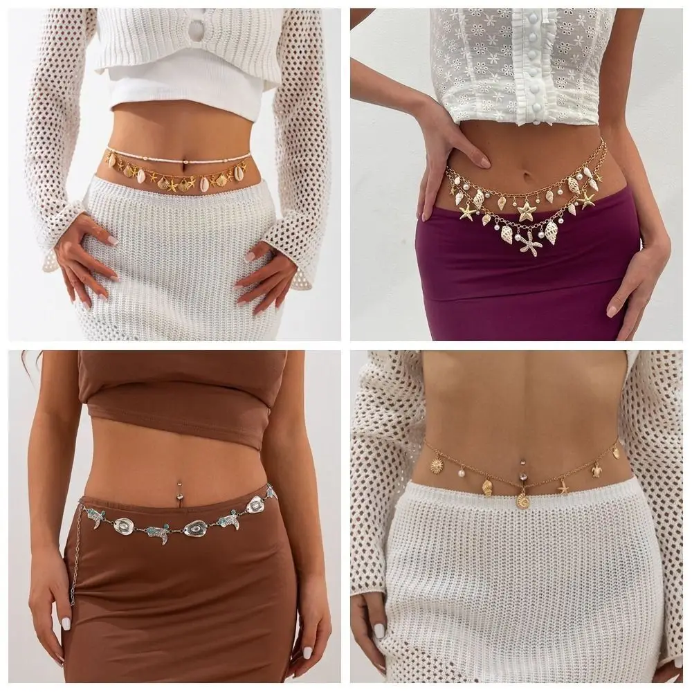New Bohemia Style Starfish Waistband Ocean Belly Chain Beach Shell Waist Chain Imitation Pearl Conch Pendant Body Chain
