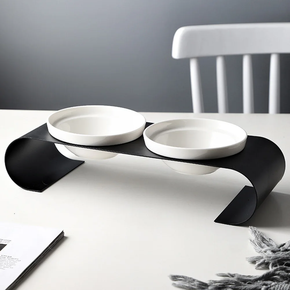 

1Pcs Iron Rack Double Bowl Heightened Pet Ceramic Cat Bowl Food Water Feeder Stable Black White Ceramic Cat Feeder