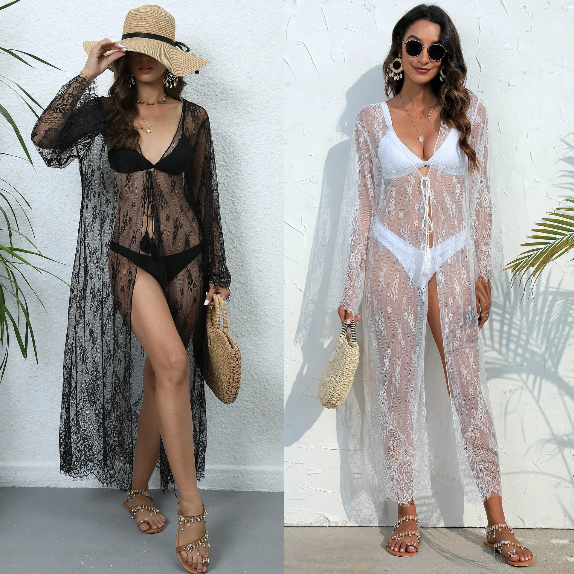 Sexy feminino maxi longo sheer renda praia biquíni cobrir vestido de verão cardigans transparente rendas beachwear manga longa preto branco