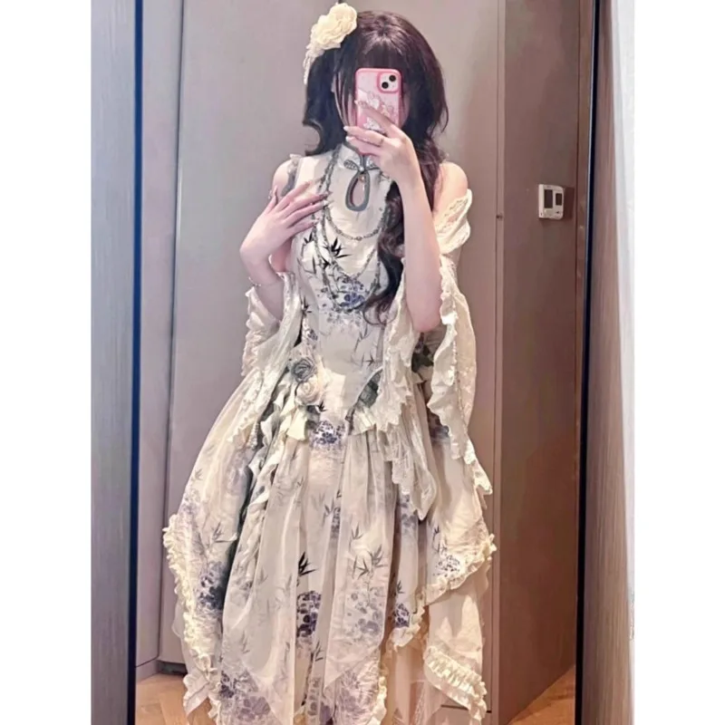 Zoete En Hete Nieuwe Chinese Mouwloze Jurk Voor Vrouwen Zomer Nieuwe High-End Gevoel Taille Sluiting Lolita Prinses Jurk