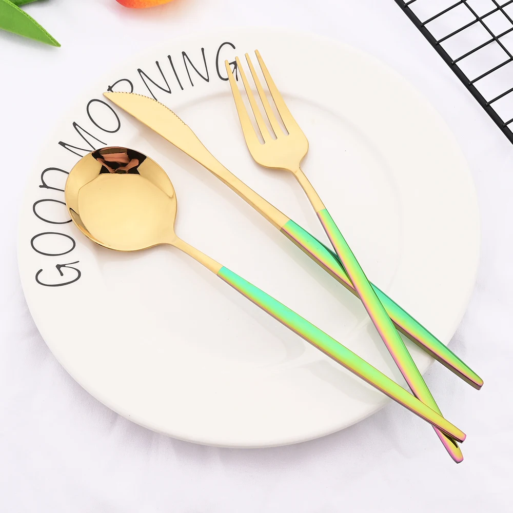 24Pcs Mirror Colorfu Handle Gold Dinnerware Cutlery Set Stainless Steel Knife Fork Spoon Flatware Set Western Kitchen Tableware