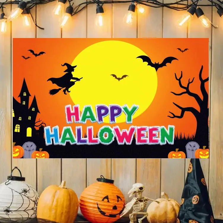 VIKAMA Halloween Witch Silhouette Tapestry Haunted Castle Big Moon Bat Pumpkin Holiday Art Wall Hanging Dorm Bedroom Decor Cloth