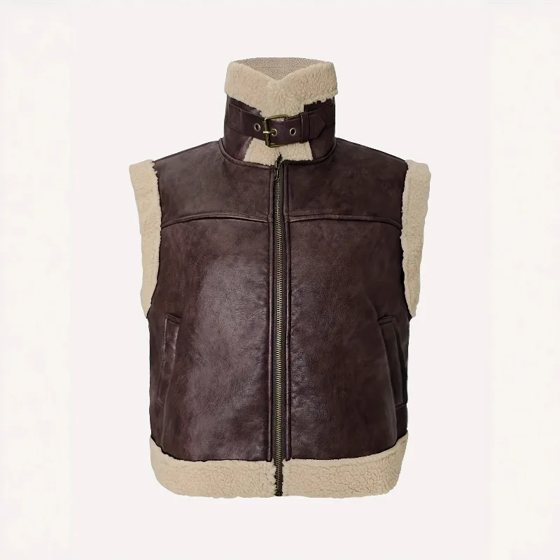 

Dark Red Stand Collar Leather Vest Zipper Sleeveless Faux Fur Jackets Warm Thick Leather and Fur Stylish Faux Lamb Street Casual