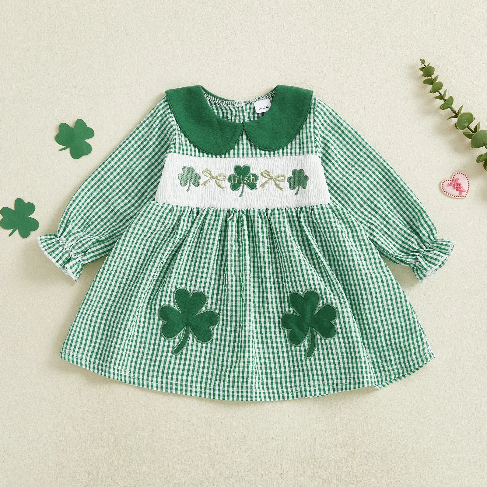 Toddler Girl Irish Dress Long Sleeve Shamrock Embroidery Plaid Dress Baby Spring Outfit