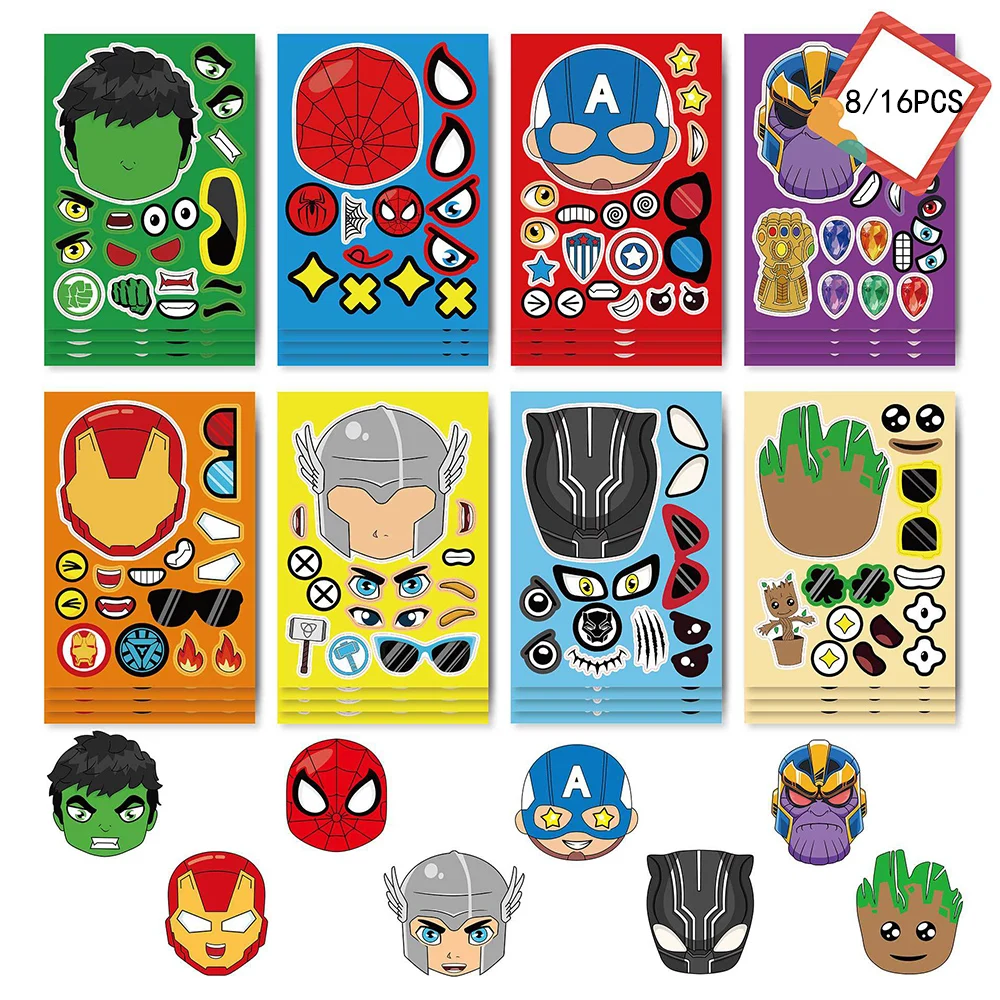 Disney The Avengers Puzzle Adesivos, Super-herói Cool, Fazer um Adesivo Rosto, Jigsaw Assemble, Decalque Educacional, Presentes de Brinquedo para Crianças, 8 Folhas, 16 Folhas