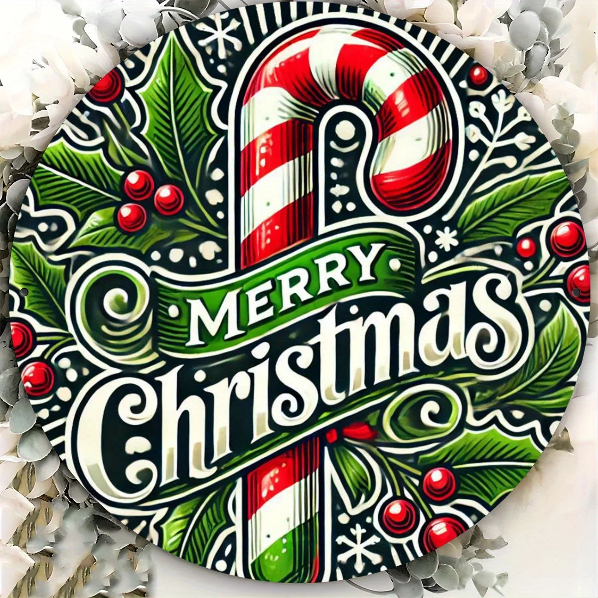 2D Flat, Vintage Christmas Wreath Metal Wall Art Sign - Round Iron Merry Christmas Decor with Candy Canes, Holly & Snowflakes