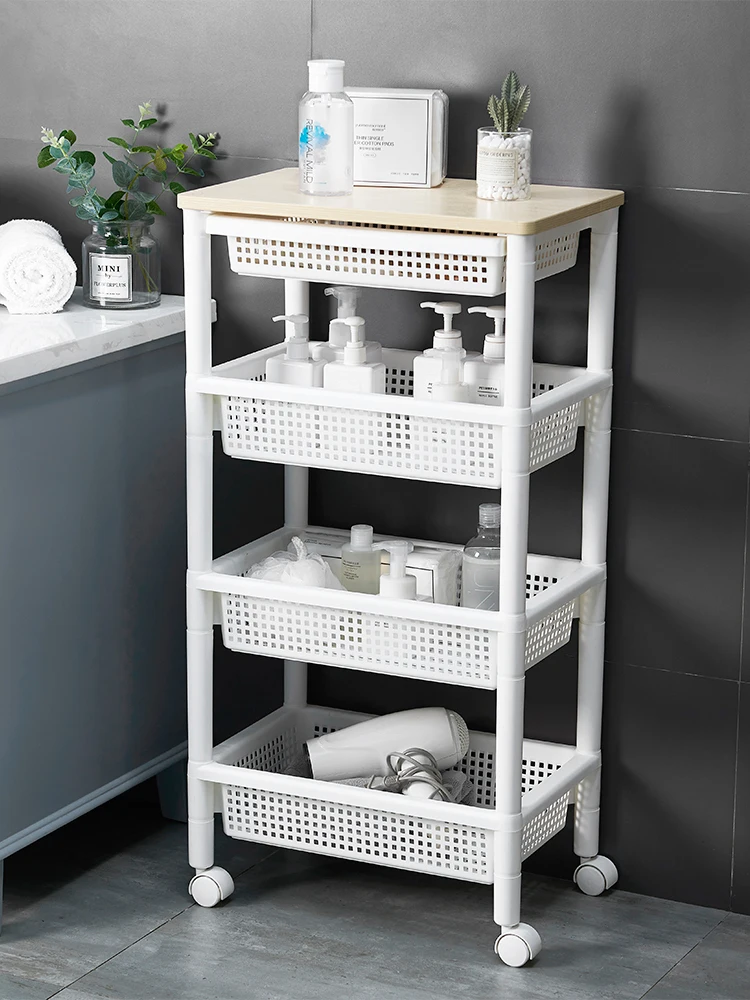 

Floor-Type Wooden Top Drawer Multi-Functional Mobile Trolley Bathroom Storage Rack with Wheels