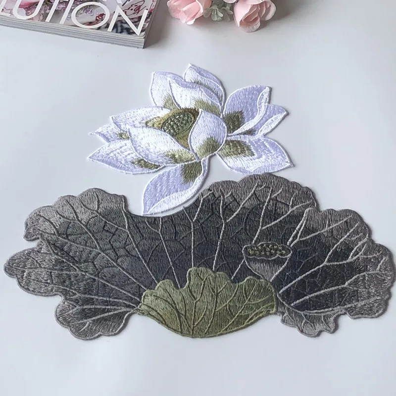 1Pcs Chinese Style Big Lotus Flower Leaf Embroidered Patches For Clothing Sew On Robe Dress Applique Decoration Handmade DIY