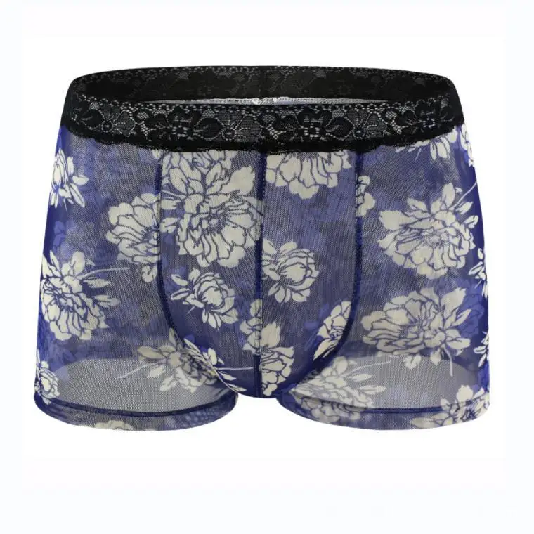 

Men Sexy Boxy Underwear Floral Thin Lace Mesh Breathable Quick Dry Underpants Sissy Erotic Low-rise U Convex Pouch Blxer Shorts