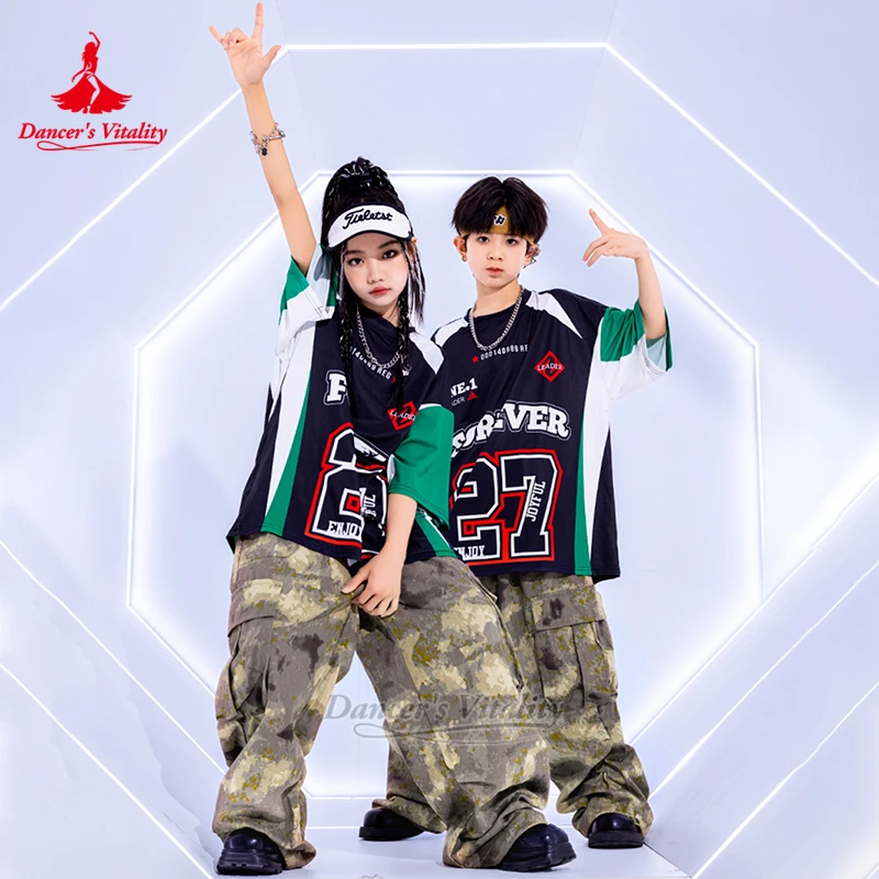 

Черно-зеленая футболка с принтом для мальчиков и девочек + камуфляжные цветные брюки, жизненная танцевальная одежда в стиле хип-хоп, одежда для выступлений и выступлений