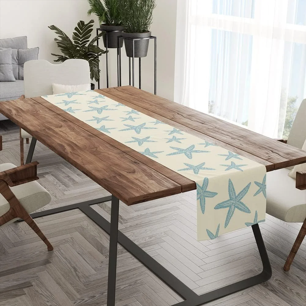 VIKAMA Blue Starfish Table Runner Nautical Beach Table Flag Decorating Restaurant Kitchen Ocean Decorations Holiday Party