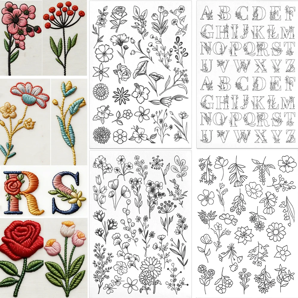 Stick and Stitch Embroidery Patterns Water Soluble Stabilizer, Wash Away Sewing Paper Pre-Printed Floral Alphabet for Hand Sew