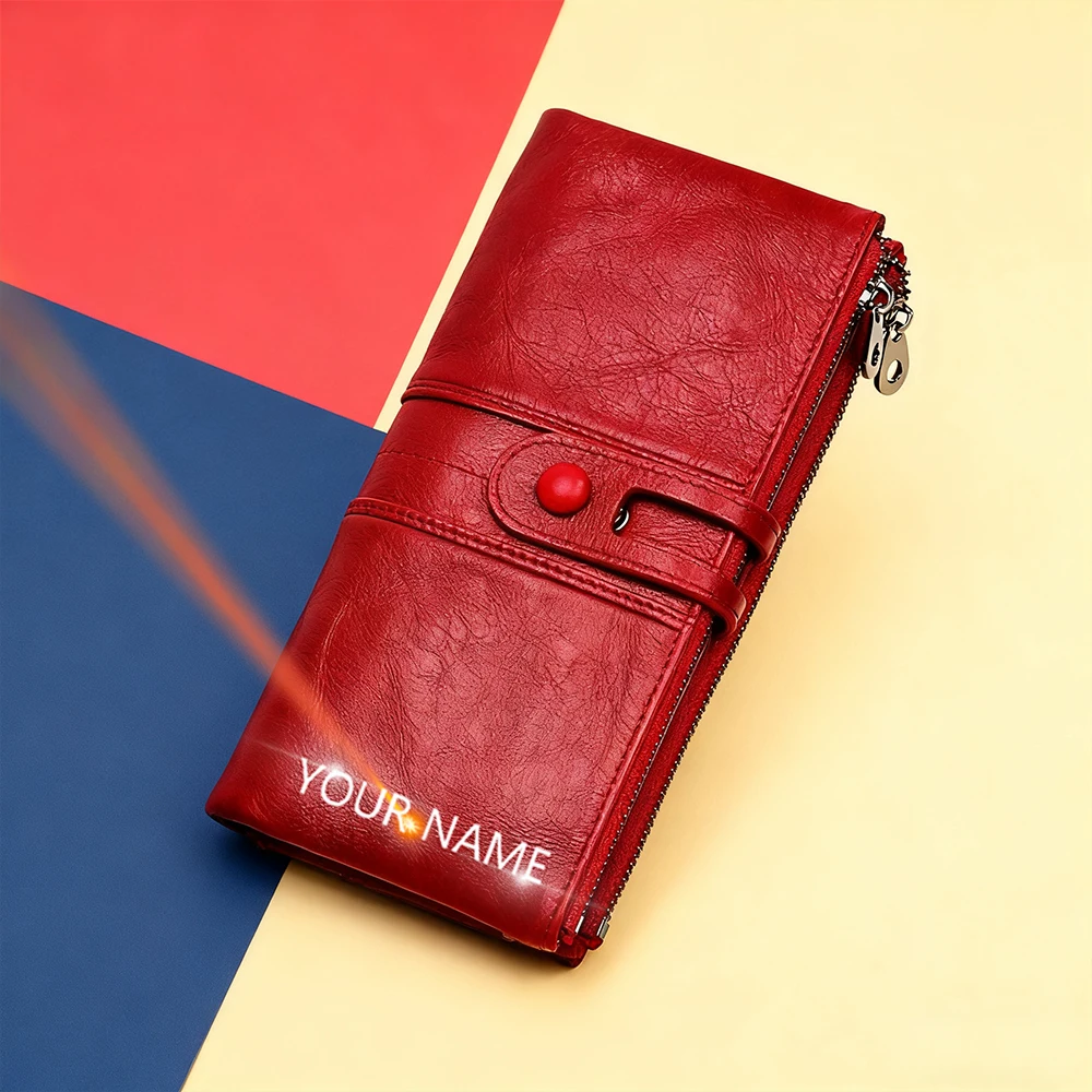 Genuine Leather Women's RFID Wallet Name Engraving High Capacity Card Holders Zipper Female Coin Purse Classic Wallet For GIrls